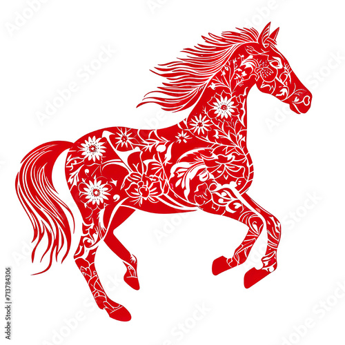 Silhouette in the shape of red animal designations Horse  woodcut prints  cultural symbolism  China New Year celebration isolated PNG