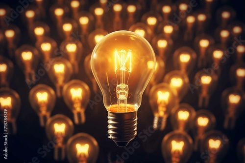 An image of a unique light bulb concept indicating to think differently. A group of light bulbs points in one direction while one individual points in a different way
