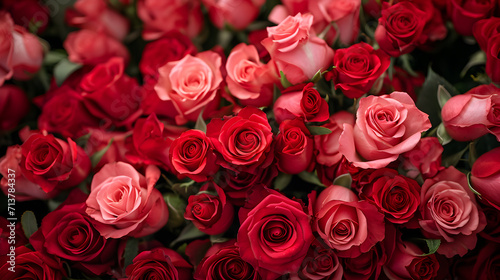 Natural fresh red and pink roses bouquet. Flowers pattern wallpaper. Top view. Red rose flower wall background.