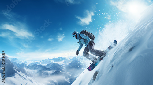 Snowboarder going down a snowy slope against sunny sky background