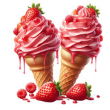 strawberry Ice cream with topping in the cone on transparent background, png