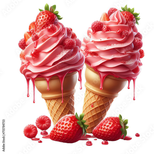 strawberry Ice cream with topping in the cone on transparent background, png