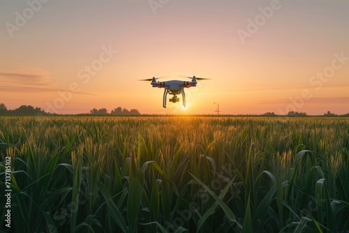 Agricultural Drone Flying Over Crop Field at Sunset