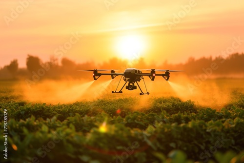 Agricultural Drone Spraying Pesticides Over Crop Field at Sunset