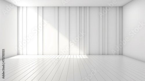 3d stimulate of white room interior and wood plank floor with sun light shadow on the wall 