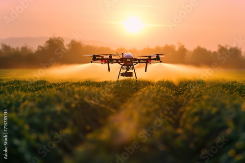 Agricultural Drone Spraying Pesticides Over Crop Field at Sunset © T-REX
