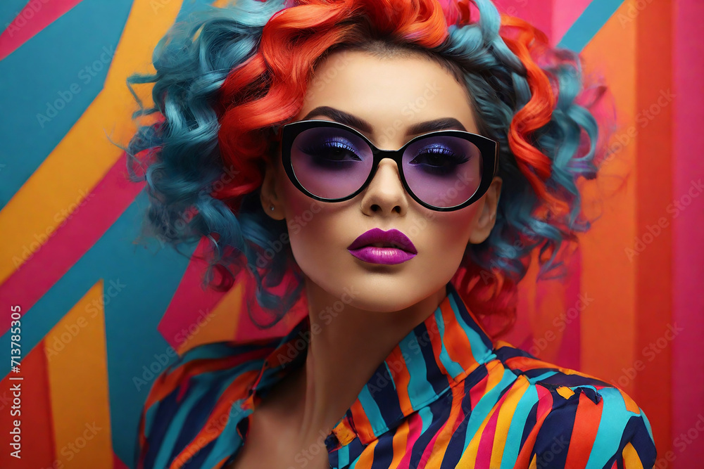 Glamorous fashion portrait of beautiful young woman with colorful hair and sunglasses.