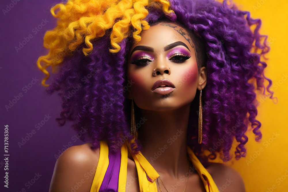 Beautiful african american woman with afro hairstyle and colorful makeup