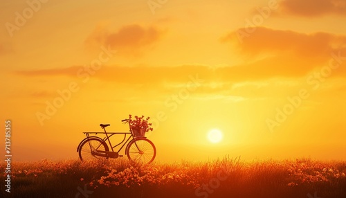 A minimalist composition highlighting the silhouette of a bicycle and its flower basket against the backdrop of a golden sunset, rendered in © Teddy Bear