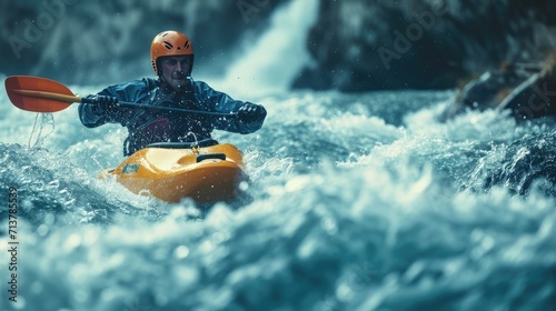 Man paddling a kayak down a river with a big copy space, Generative AI. photo