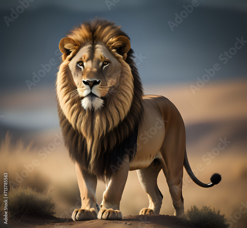 King of the Savanna  A Majestic Lion s Journey portrait of a lion portrait of a male lion. lion in the wild Majestic Male Lion Standing on Rock at Savanna Lanscape generative Ai