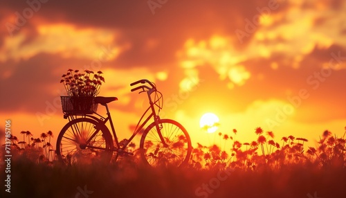 A minimalist composition highlighting the silhouette of a bicycle and its flower basket against the backdrop of a golden sunset, rendered in © Teddy Bear