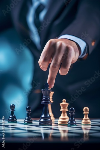 businessman's hands moving chess in a competitive game of strategy, management and leadership