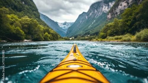 Man paddling a kayak down a river with a big copy space, Generative AI. photo