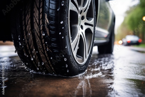 A car tire navigating rainy conditions