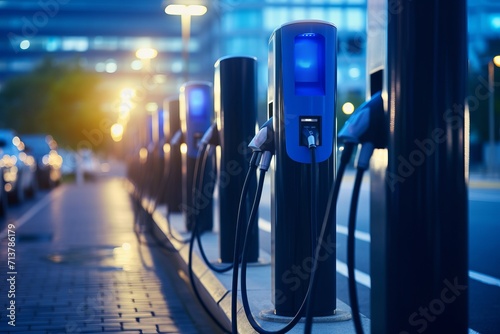 A night view of an electric car parking lot with illuminated charging stations