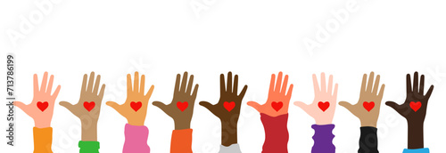Raised hands with heart by different people. Unite for a common cause.