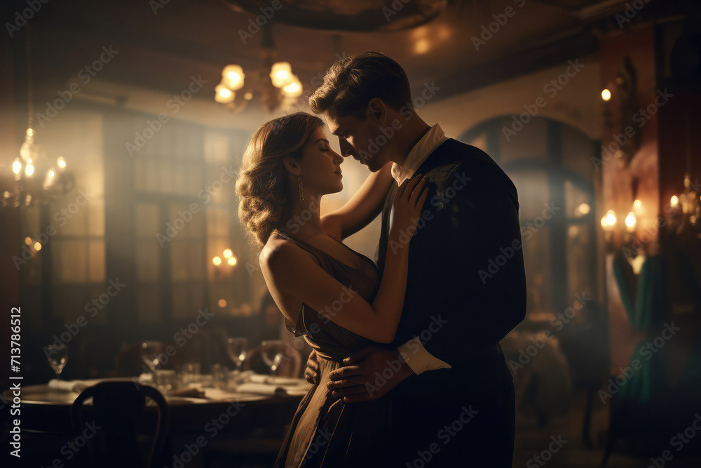 Caucasian man and woman dancing in dark restaurant celebrating valentine's day or holiday. Love couple happy together. Intimate moment Girlfriend and boyfriend anniversary, family holiday celebration