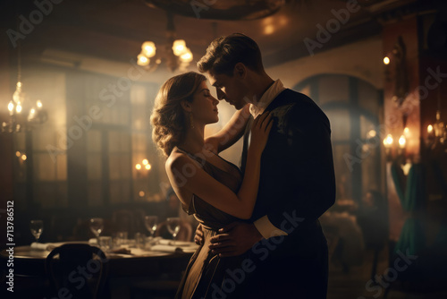Caucasian man and woman dancing in dark restaurant celebrating valentine's day or holiday. Love couple happy together. Intimate moment Girlfriend and boyfriend anniversary, family holiday celebration