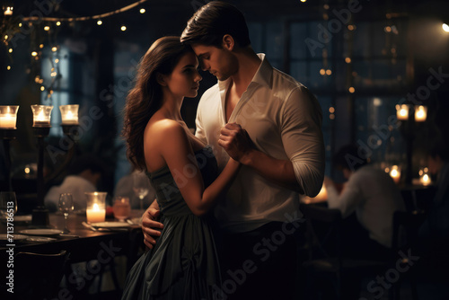 Caucasian man and woman dancing in dark restaurant celebrating valentine's day or holiday. Love couple happy together. Intimate moment Girlfriend and boyfriend anniversary, family holiday celebration photo