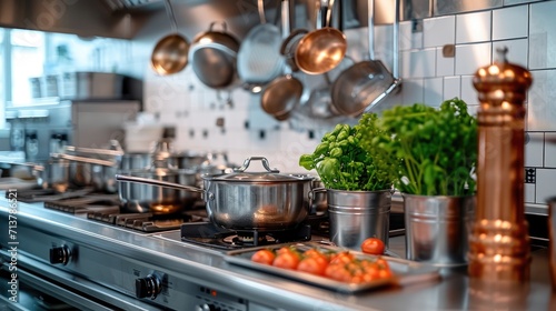 A vacant restaurant kitchen equipped with high-end machinery, Generative AI.