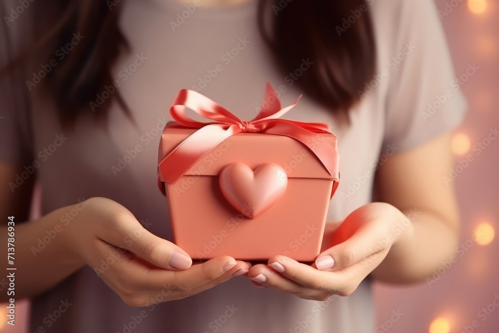 Close-up woman hands holding gift box, present surprise, Festive, celebration, pink, congratulation. Valentine's day. LGBT friends relationship, lesbian couple Close-up woman hands holding gift box, present surprise, Festive, celebration, pink, congratulation. Valentine's day. LGBT friends relationship, lesbian couple