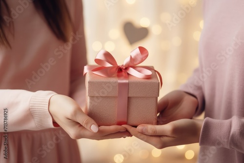 Close-up woman hands holding gift box, present surprise, Festive, celebration, pink, congratulation. Valentine's day. LGBT friends relationship, lesbian couple photo
