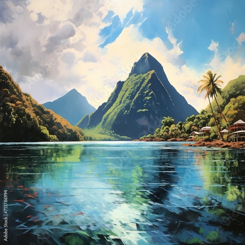 The Pitons: Soufriere, St. Lucia, landscape with lake and mountains