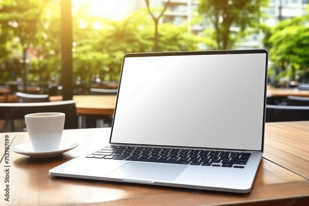 Fototapeta premium Tech simplicity, A blank screen laptop on a table, ready for tasks or creative endeavors.