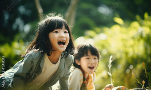 Joyful children running carefree in a park with wildflowers  embodying happiness and freedom