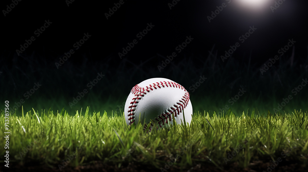 baseball ball on a grass field with stripe and black background