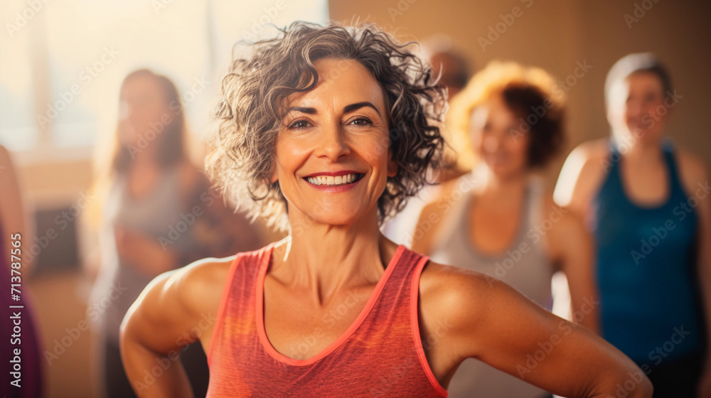 Middle-aged women enjoying a joyful dance class, candidly expressing their active lifestyle through Zumba with friends, 