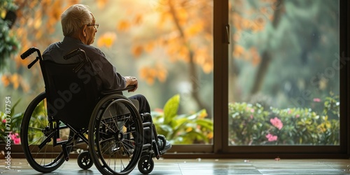 Portrait of a patient in wheel chair enjoying outside view with a big copy space, Generative AI.