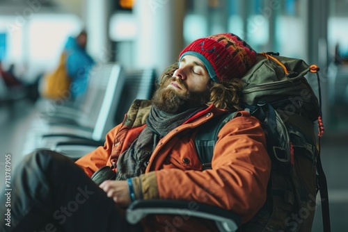 Tourists napping in the airport while they wait for their journey, Generative AI.