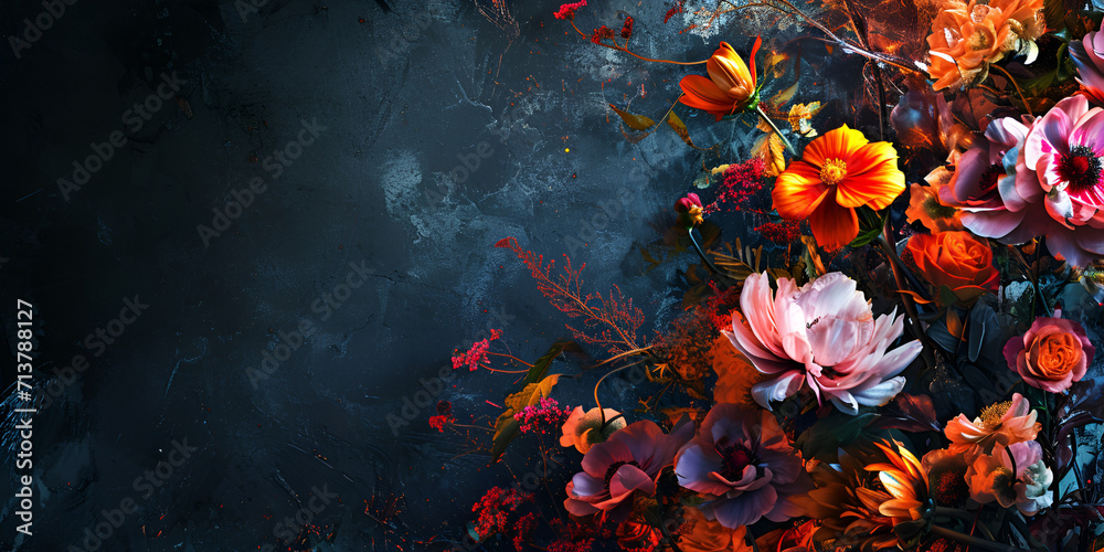 A Bouquet of Vibrant Flowers Blooming in Darkness with Ample Copy Space for Your Message