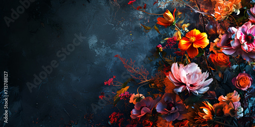 A Bouquet of Vibrant Flowers Blooming in Darkness with Ample Copy Space for Your Message © AA