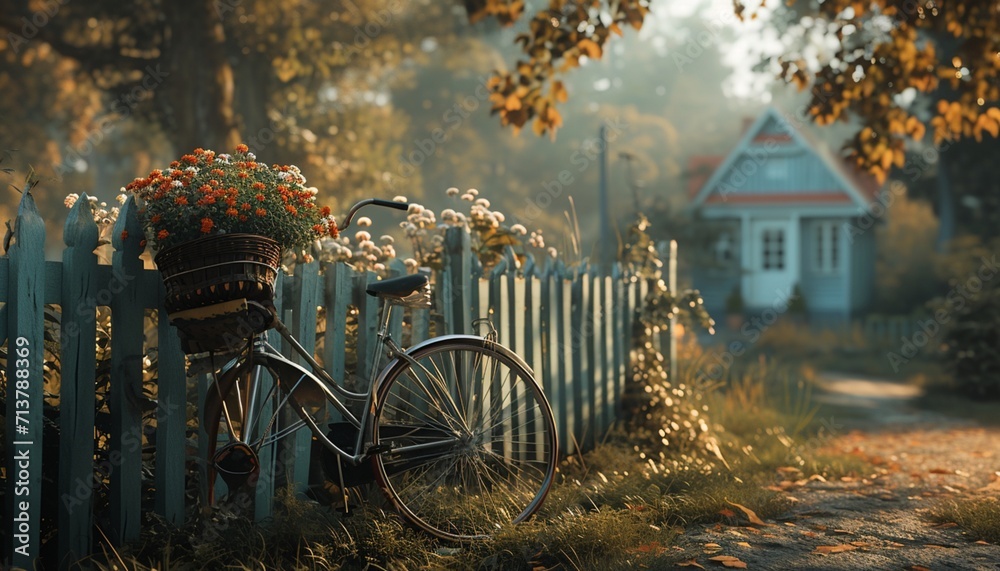 A timeless portrayal of a bicycle with a flower basket, resting against an old-fashioned fence, delivering a sense of nostalgia in stunning