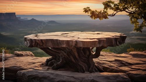 Outdoor rock table top with mountain landscape at sunrise showcasing organic beauty 
