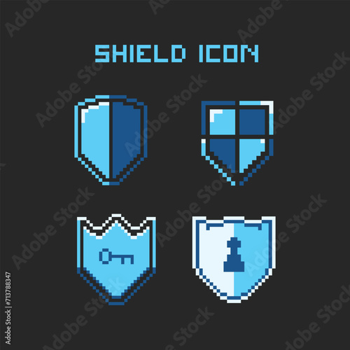 this shield icon in pixel art with simple color and black background ,this item good for presentations, stickers, icons, t shirt design,game asset,logo and your project.