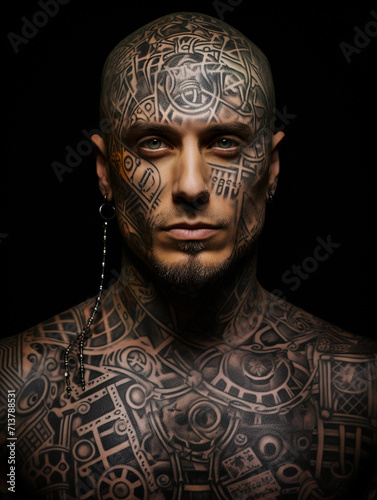Photo of tattooed handsome man in creative design tattoo picture 