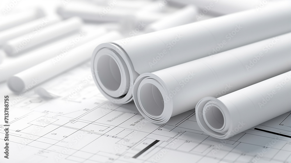 mock up of architectural construction drawing paper with white building model 3d rendering mock up of architectural construction drawing paper with white building model 3d rendering