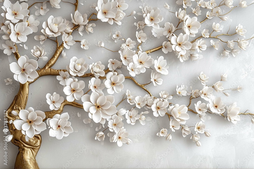 Background of a flowery tree in 3D with white flowers and golden stems. interior wall furnishings.