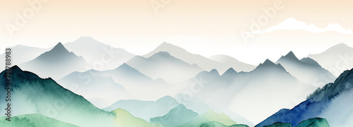山々の景色　水墨画　イラスト「AI生成画像」 photo