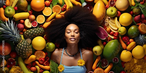 A vibrant health scene where a vibrant healthy athletic Black woman on floor eyes looking fruits and vegetables © Tasriv