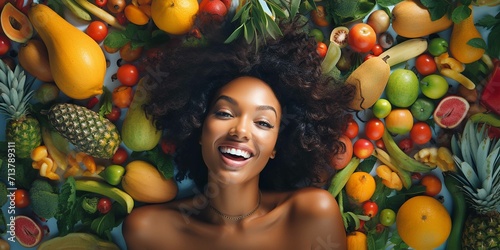 A vibrant health scene where a vibrant healthy athletic Black woman on floor eyes looking fruits and vegetables