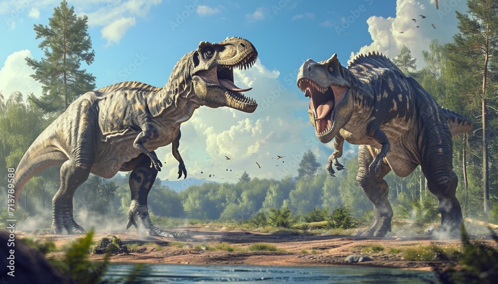 Obraz premium Allosaurus in a dramatic confrontation with a rival, illustrating the fierce nature of carnivorous dinosaurs