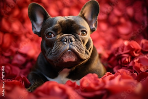 A French bulldog lies in a bed filled with red rose petals as a backdrop