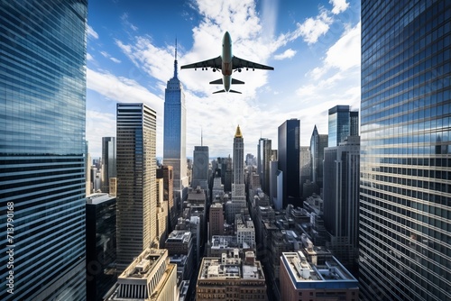 An airplane flies above towering skyscrapers