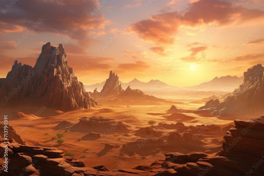 Aerial view of a colorful rocky desert with towering rock formations and sandstorms during a serene sunset, with a touch of fantasy. Generative AI