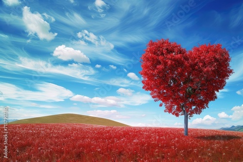 red tree of love in red flower field pragma